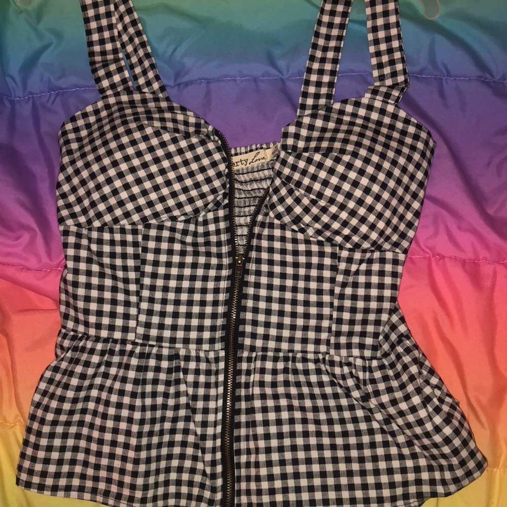 Black white plaid biker zip up tank